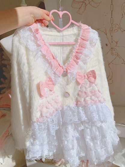 Candy Fairy Spring Lady Lace Knit White Pink Cardigan