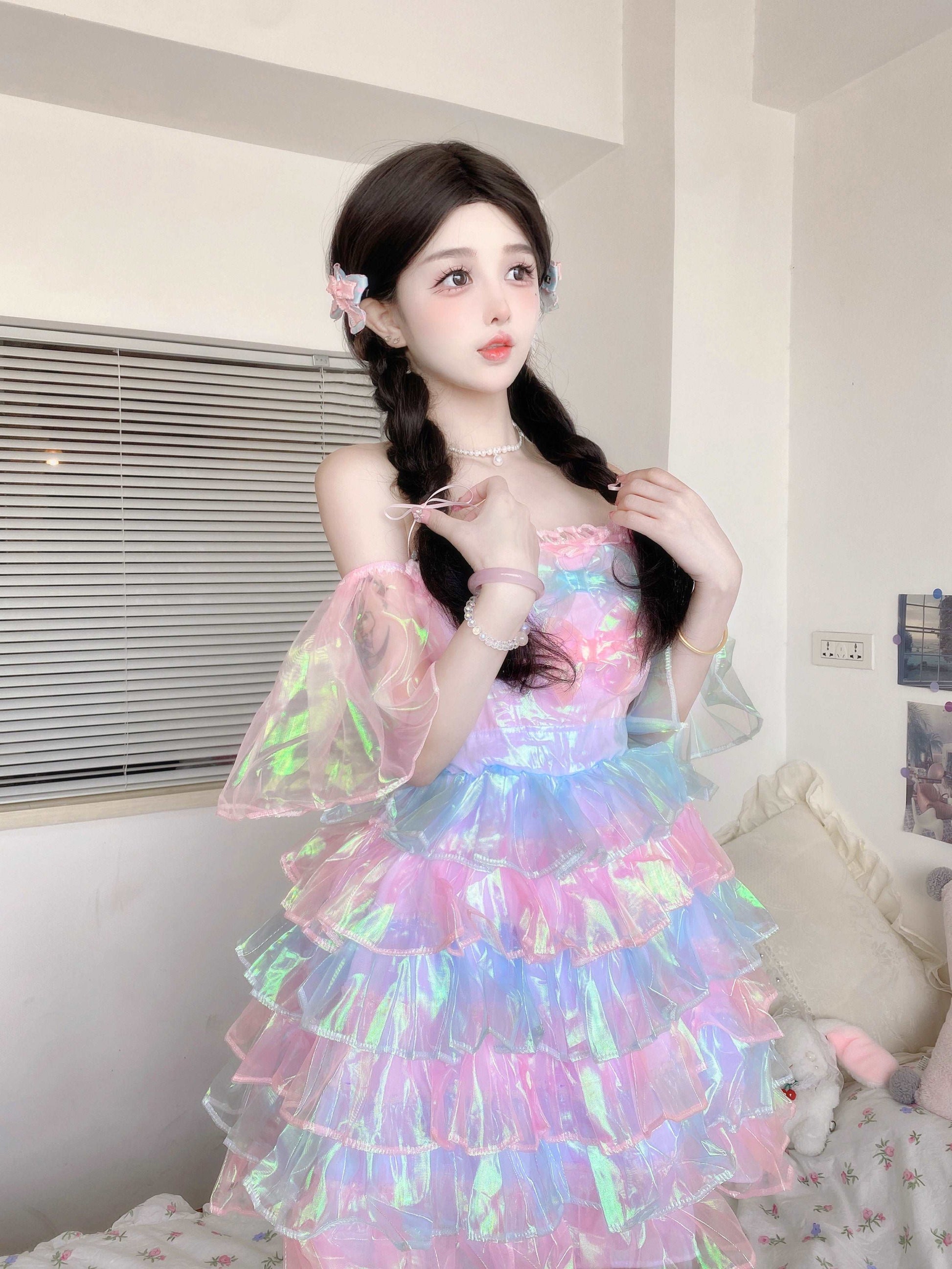 Candy Fairy Pastel Rainbow Gradient Mermaid Sparkling Ruffled Layered Dress