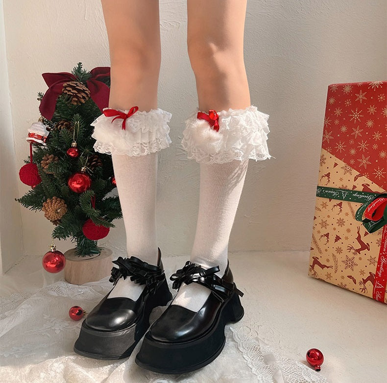 Noble Lolita Lace Pompom Balls White Black Red Christmas Mid Calf Socks