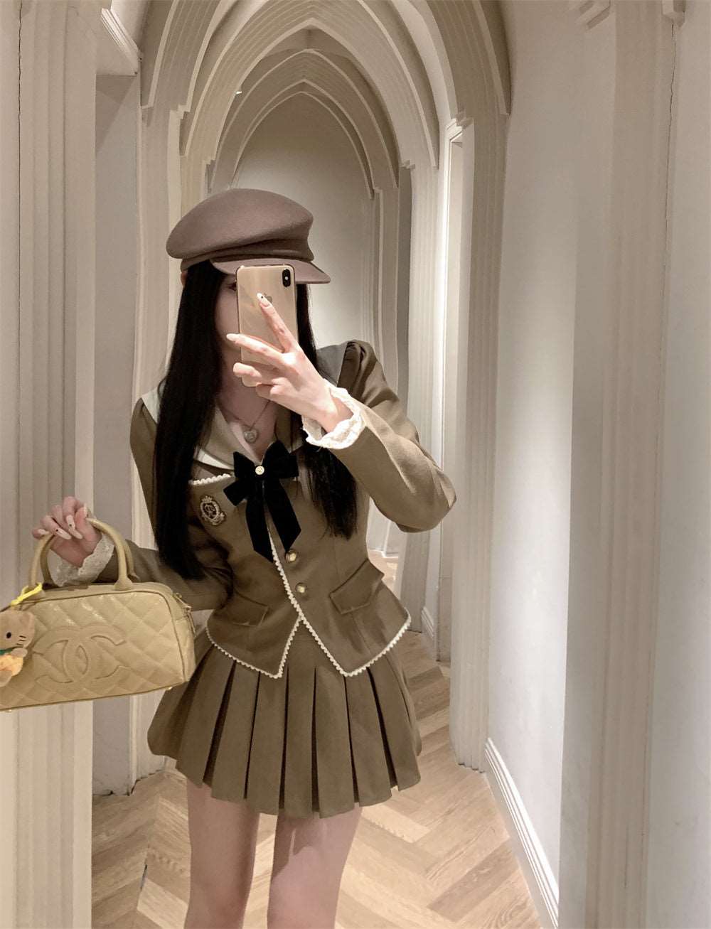 Academia Vintage Autumn Brown Blazer & Pleated Mini Skirt Two Piece Set