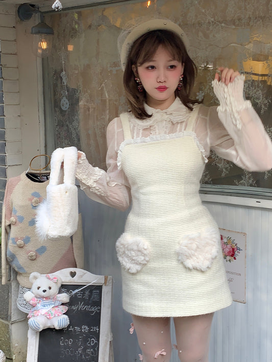 Picnic Girl Winter Warm Heart Cute White Strap Dress