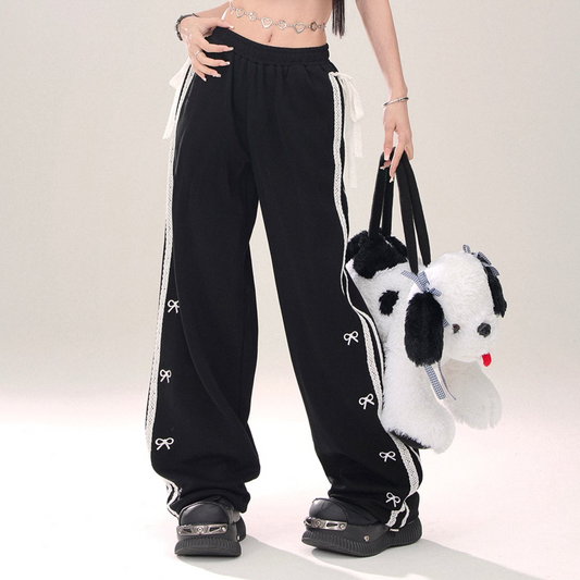 Young Eyes Cozy Bow Lace Black Elastic Waist Gathered Pants