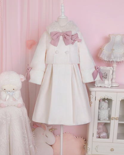 Sweet Princess Pearl White Pink Ribbon Fur Dress Coat