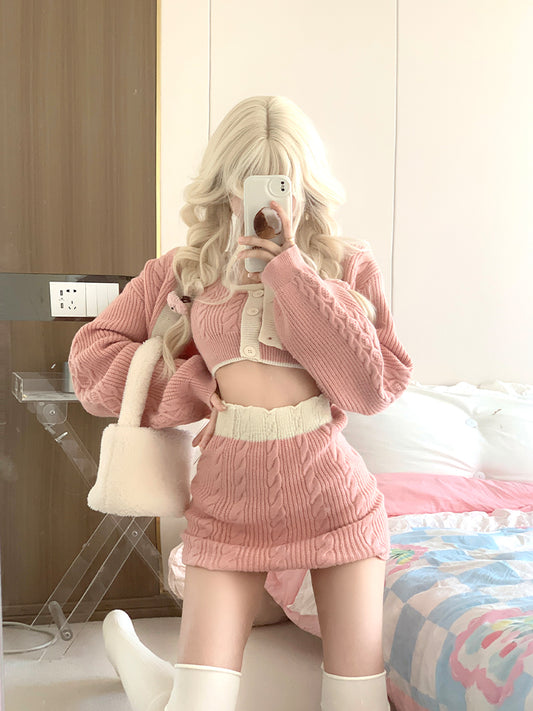 Serendipity Autumn Peach Pink Knit Camisole & Cardigan & Skirt Three Piece Set