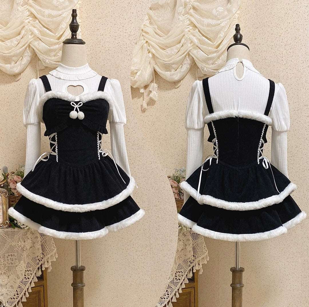 Christmas Love Lolita Winter Plush Strap Ruffled Black Dress & Skirt & Shirt Three Piece Set