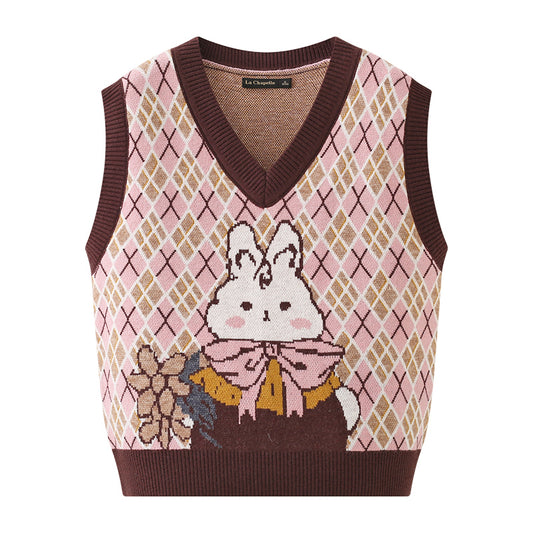 Fall Rabbit Brown Cute Argyle Pattern Knit Vest