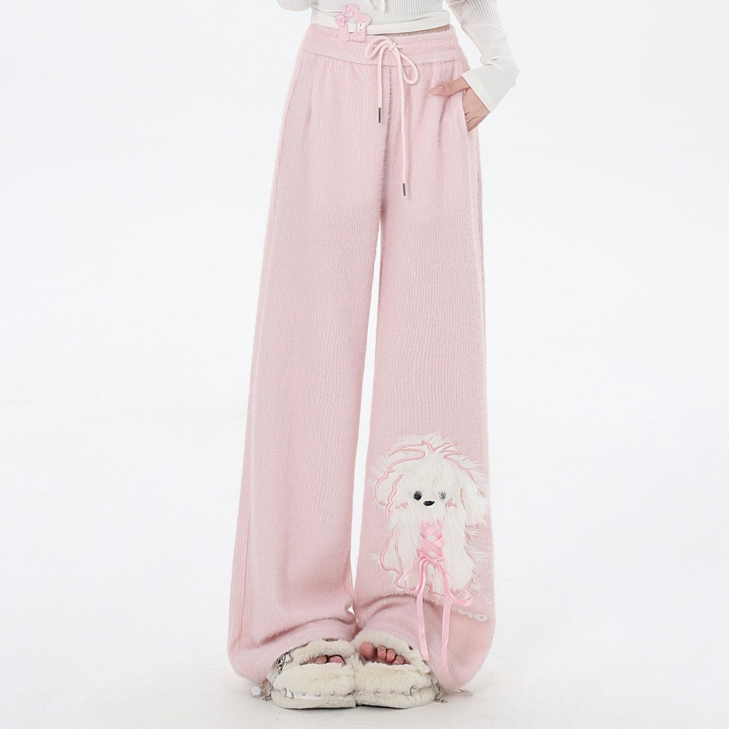 Crazy Girl White Puppy Dog Pink Elastic Waist Sweatpants