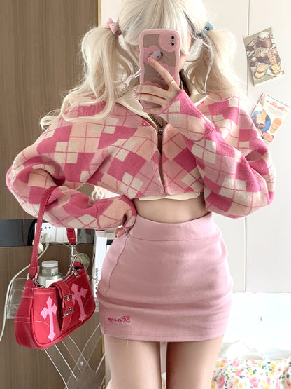 Serendipity Autumn Pink Argyle Jacket & Cream Halter Neck Top & Mini Skirt Three Piece Set