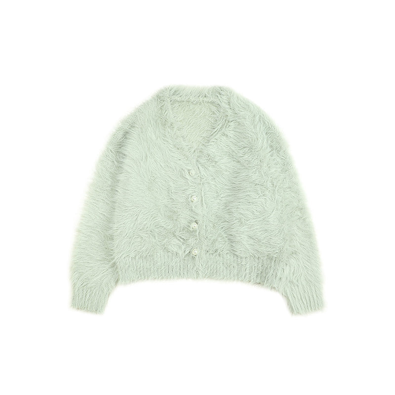 Serendipity Winter Sweet Fuzzy Fur Pink White Black Green Cardigan Sweater