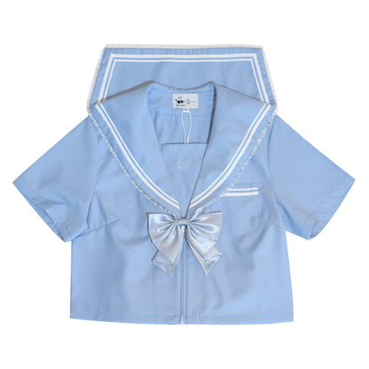 Plus Size Women Sky Blue Cute Japanese Student Sailor Uniform Seifuku Shirt & Skirt Two Piece Set