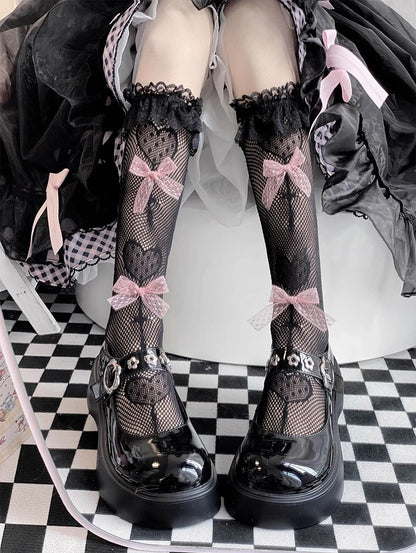 Heart Cross Pink Bow Lace Black White Calf Socks