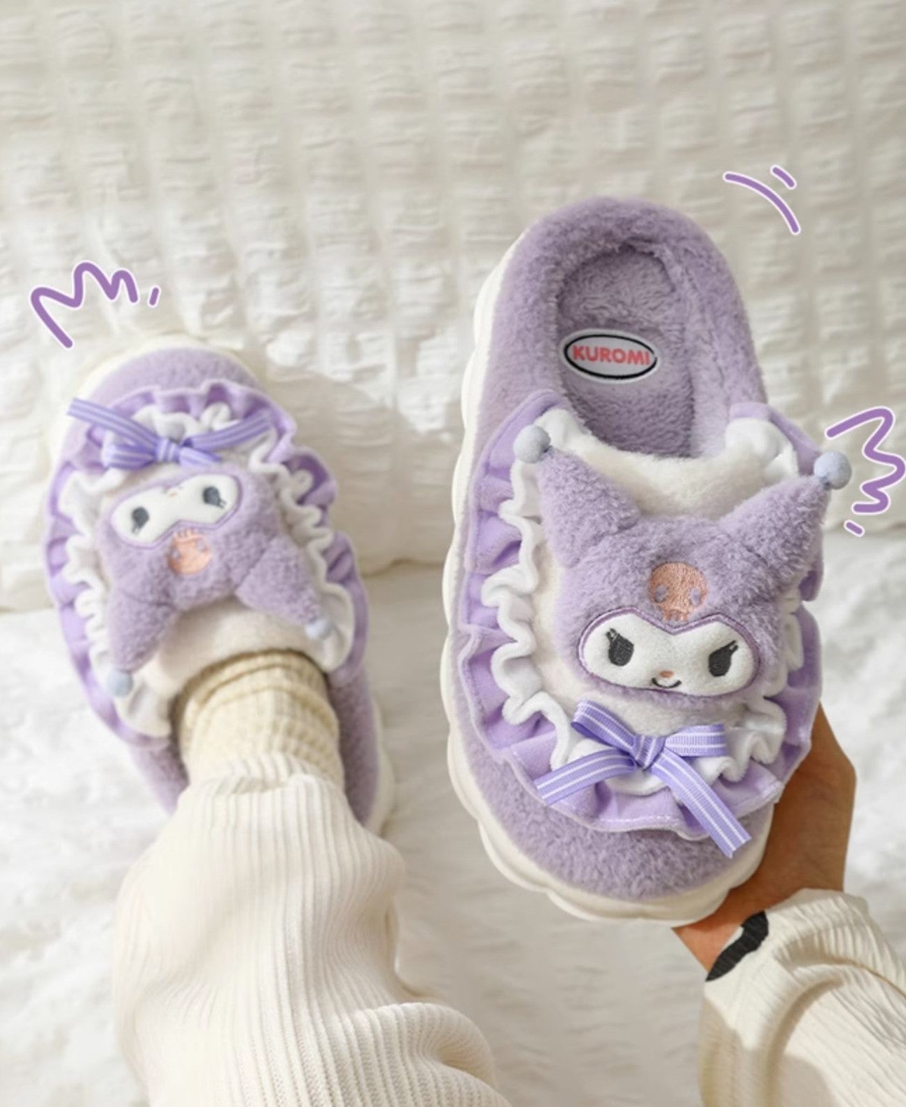 Kitty Cat Cinnamon Dog Melody Purple Devil Pompom Bow Winter Thick Plush Slippers Shoes