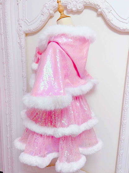 Candy Fairy Winter Princess Pink & White Ruffled Strap Dress & Hooded Cape Cloak Two Piece Set