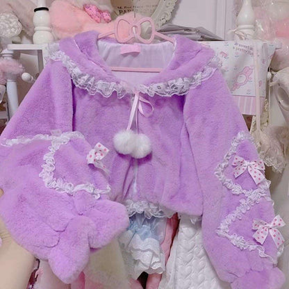 Candy Fairy Pink Purple Princess Sailor Collar Bow Ruffled Plush Fur Jacket