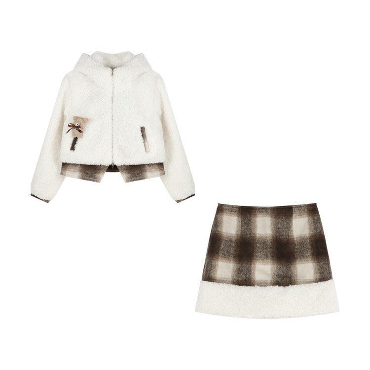 Plaid Beige White Brown Cute Fall Winter Bear Ears Hooded Jacket Skirt Two Piece Set