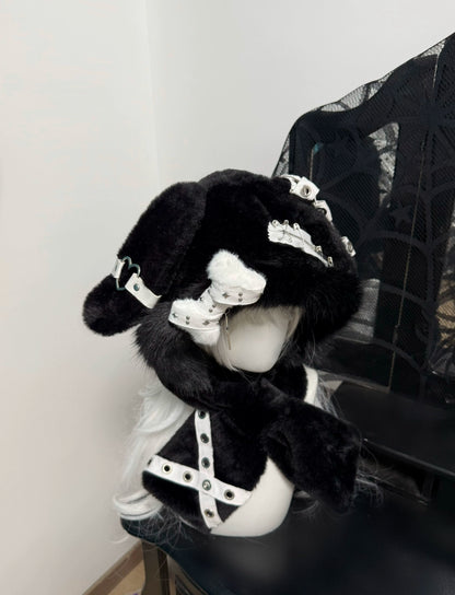 Punk Y2K Black White Plush Rabbit Ears Winter Hats