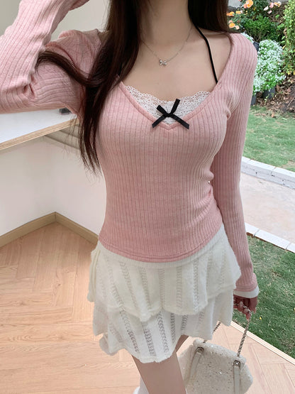 Coquette Pink Knit Long Sleeve Slim Fit Shirt Top