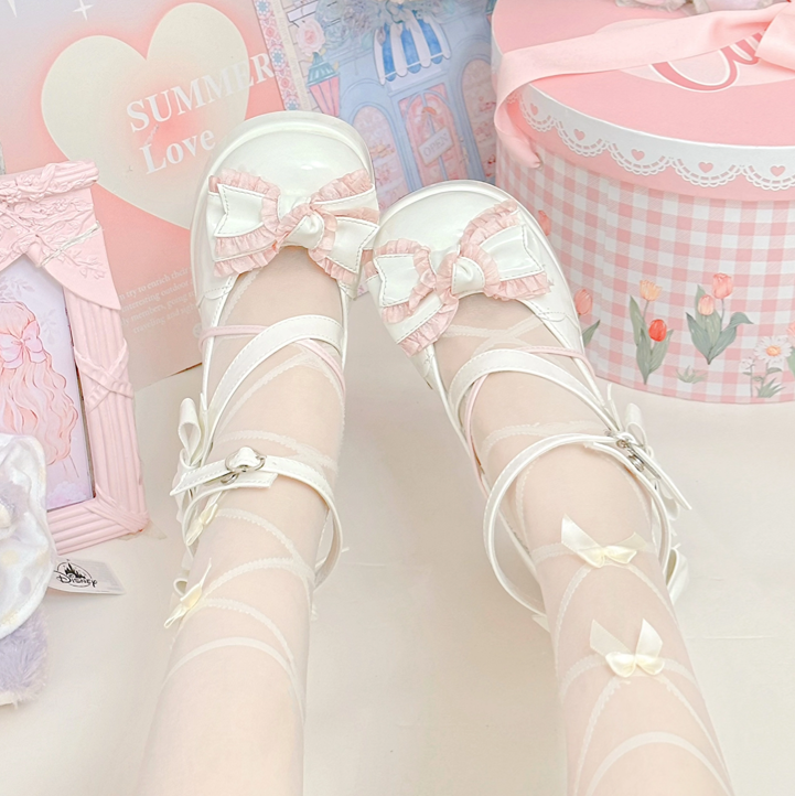 Walpurgis Night Lolita Girl Heart Knot Black White Pink Blue High Heels Shoes