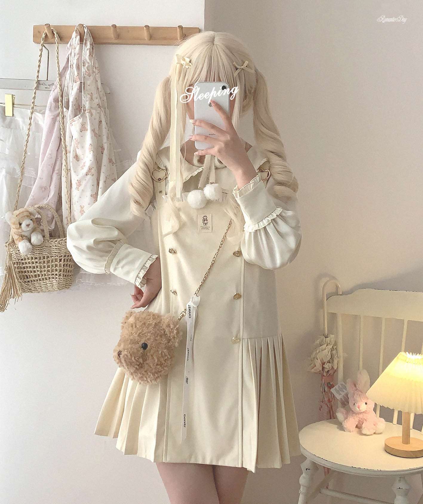 Bear Souffle Sweet Pompom Balls Shirt Blouse & Purple Beige Strap Dress & Skirt Three Piece Set