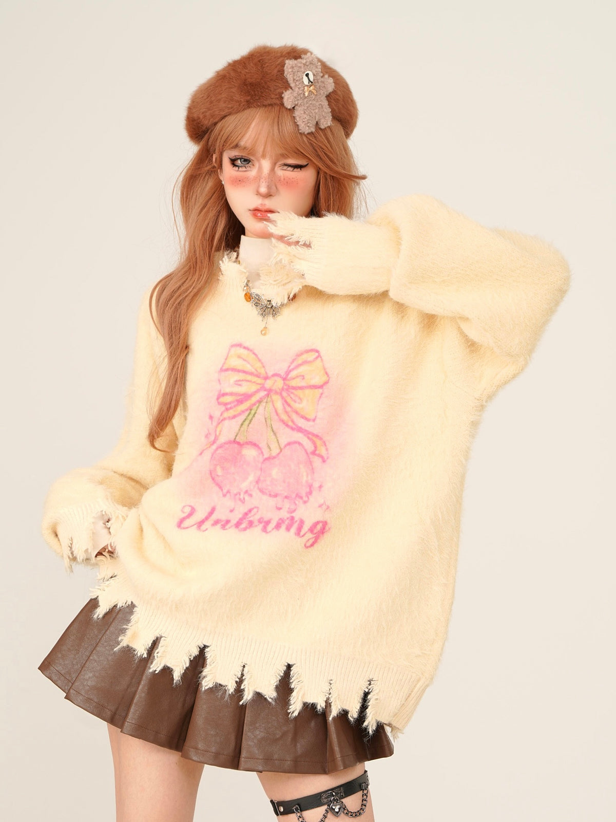 Young Eyes Autumn Winter Melting Cherry Fuzzy Yellow Sweater