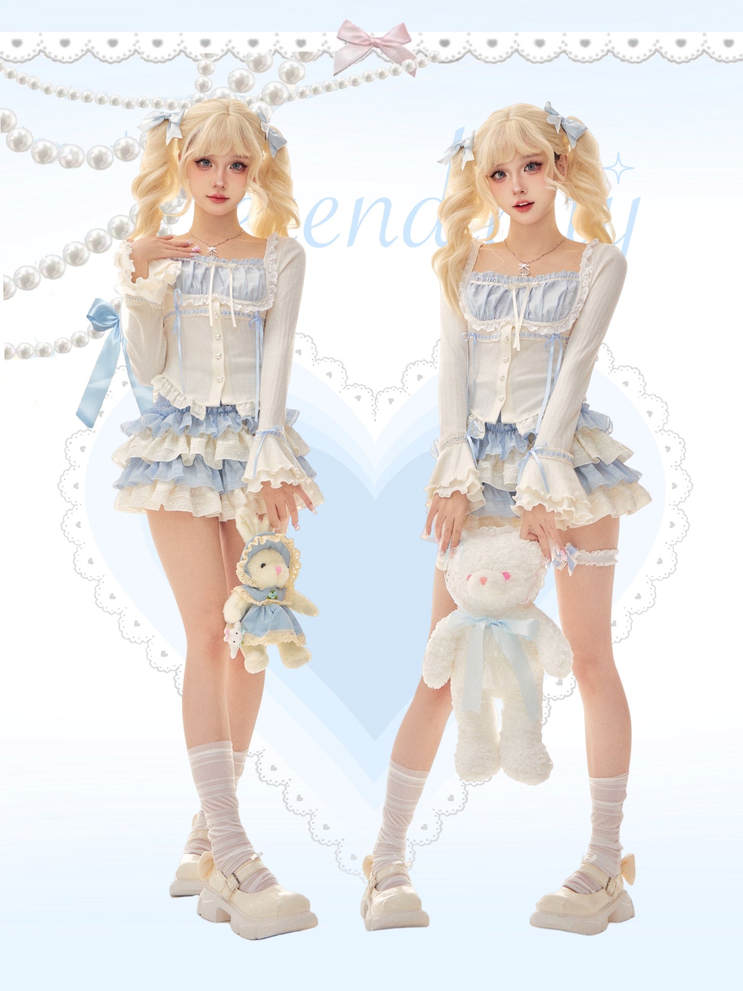 Serendipity Love Hime Lace Blue White Blouse Shirt & Ruffled Cake Skirt Two Piece Set