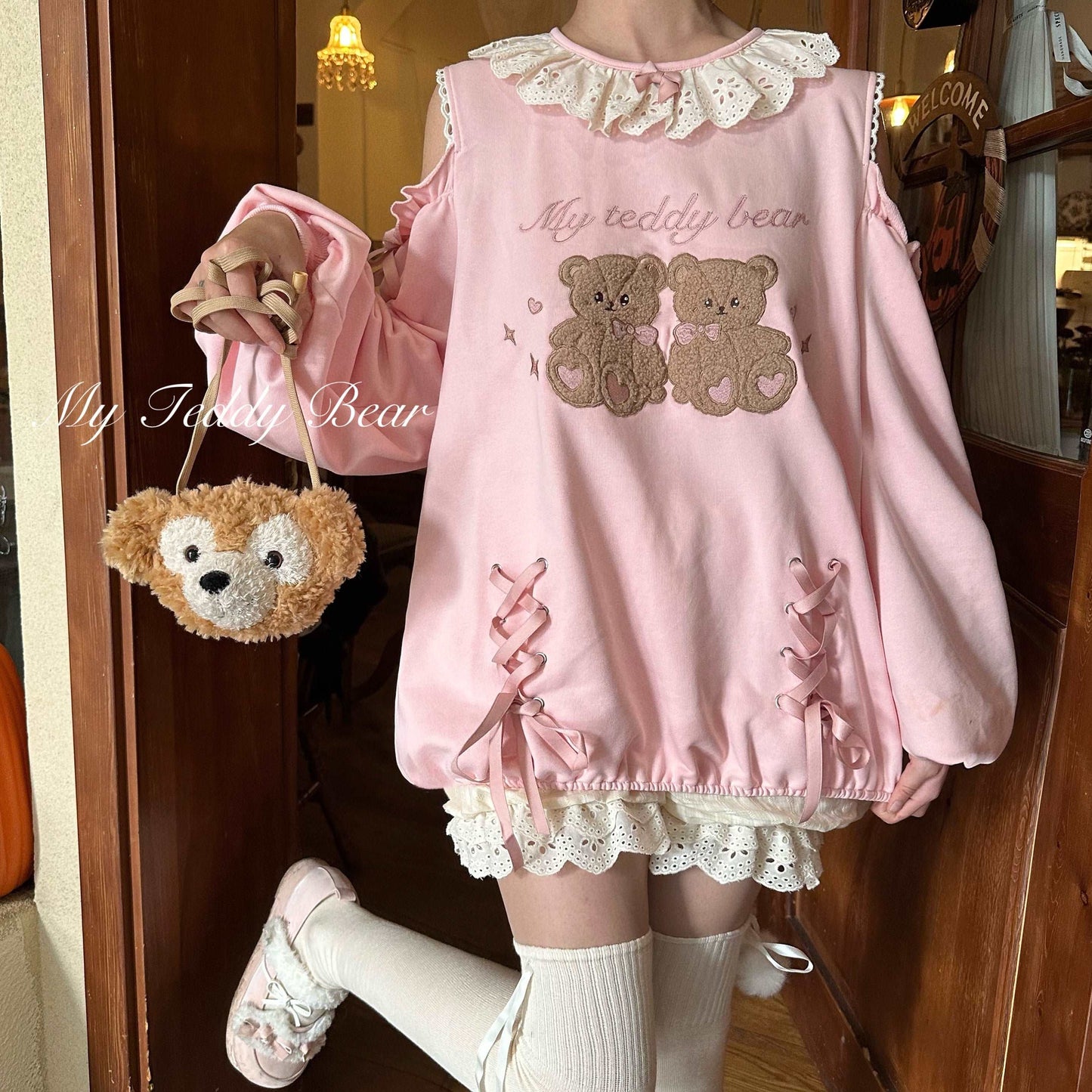 EGL Coquette Bow Ribbon Teddy Bear Pink Sweatshirt