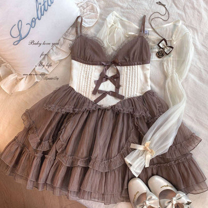 Dormir Doll Princess of Clouds and Mists Lace Bow Strap Dress & Cardigan Two Piece Set