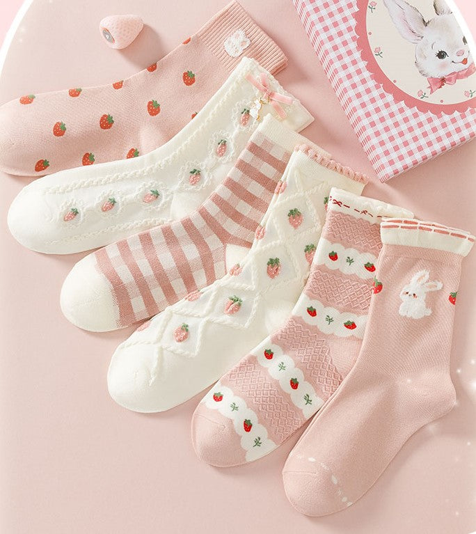 Pink Strawberry Rabbit Cute Cotton Socks 6 Patterns Pairs Sets