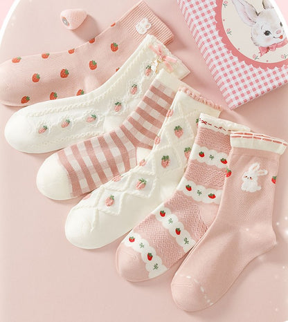 Pink Strawberry Rabbit Cute Cotton Socks 6 Patterns Pairs Sets