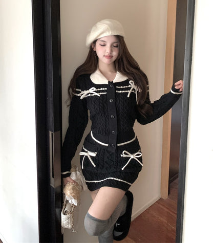 Coquette Autumn Bow Doll Collar Sweater & Black Knit Short Skirt Two Piece Set