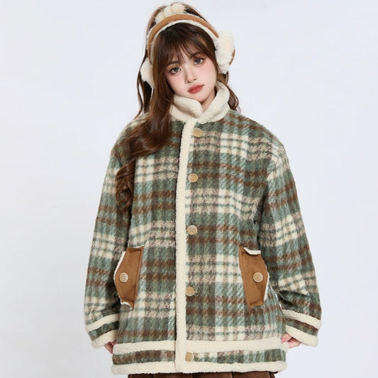 Retro Brown Green Plaid Fall Winter Woolen Cotton Jacket