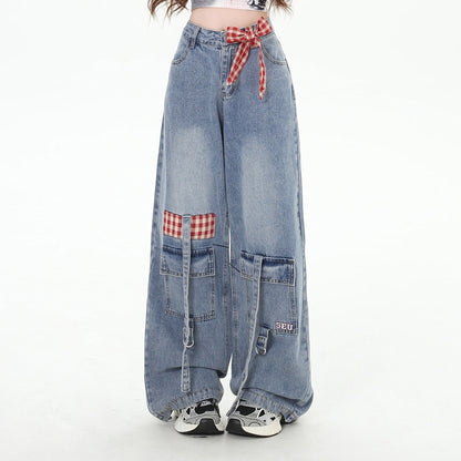 Crazy Girl Country Girl Red Plaid Blue Denim Baggy Pants