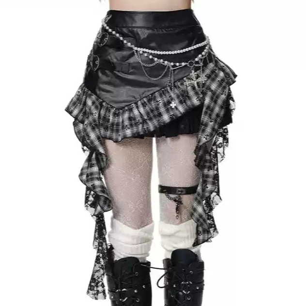 Young Eyes Ninth Street Plaid Black Red Leather Mini Skirt