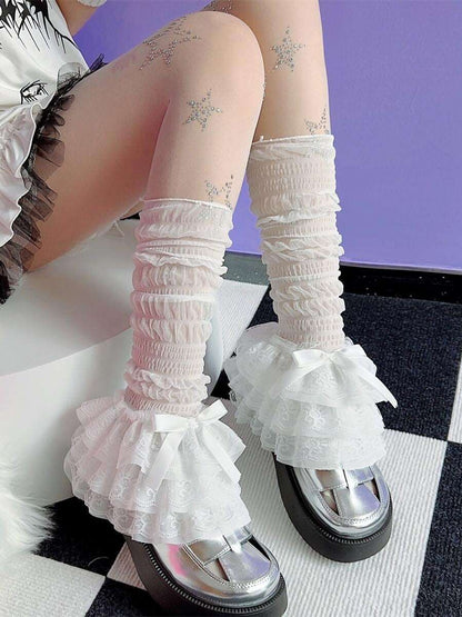 Coquette EGL Ruffled Lace White Bow Arm Leg Warmers