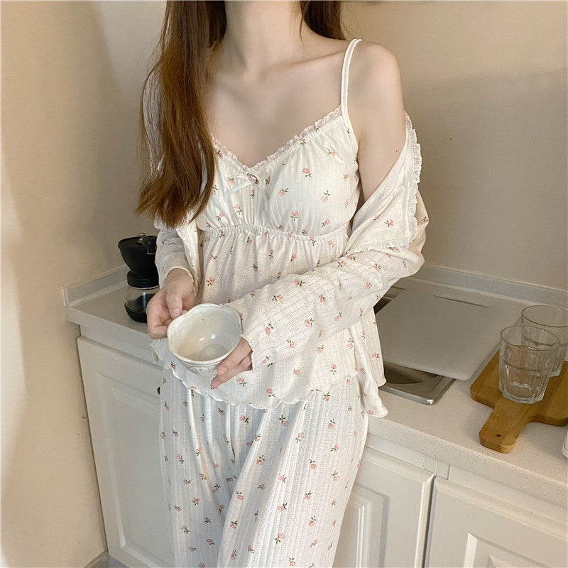 Pink Blue Floral Cotton Pajamas Sleepwear Three Piece Set