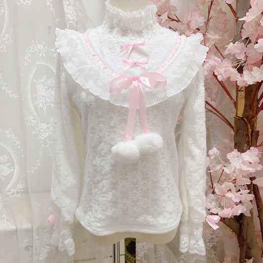 Candy Fairy Winter Turtle Neck White Doll Collar Pink Ruffled Long Sleeve Blouse Shirt