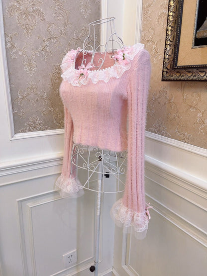 Sweetheart Princess Rose Lace Pink Knit Sweater & Mini Skirt Two Piece Set