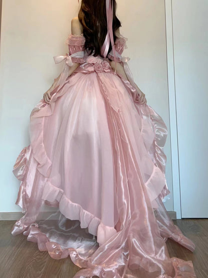 Rose Pearl Decorated Princess Ruffled Bow Layered Elegant Wedding Prom Evening Dress