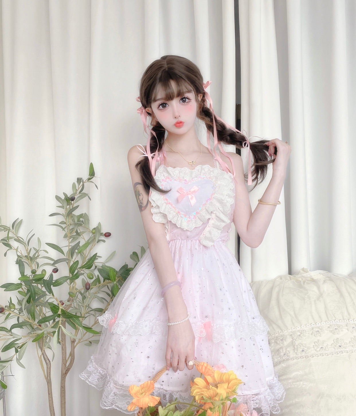 Candy Fairy Coquette Sweet Girl Heart Pink Strap Ruffled Dress