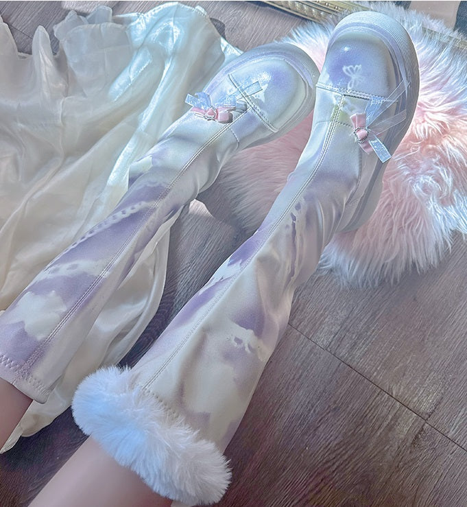 Pinky Sweet Pink Bow Lace Graffiti White Purple Knight High Boots Shoes