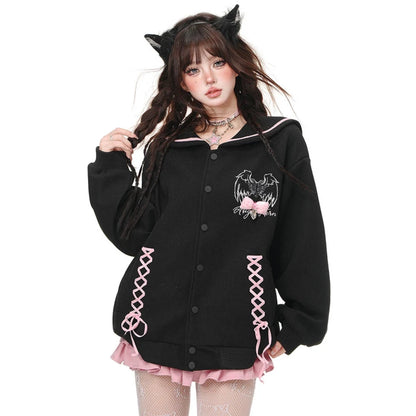 Young Eyes Heart Signal Sailor Collar Black Jacket Sweater