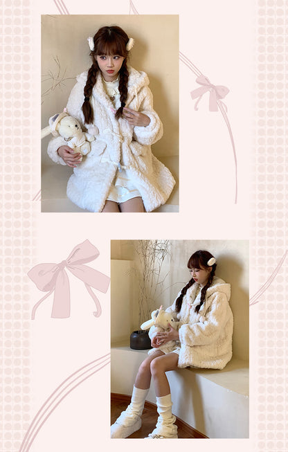 Velvet Winter Cute Plush Hooded Woolen White Coat