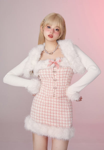 Fancy Girl Anna Winter Pink Tweed Fur Plush Tube Top & Skirt & White Cardigan Three Piece Set