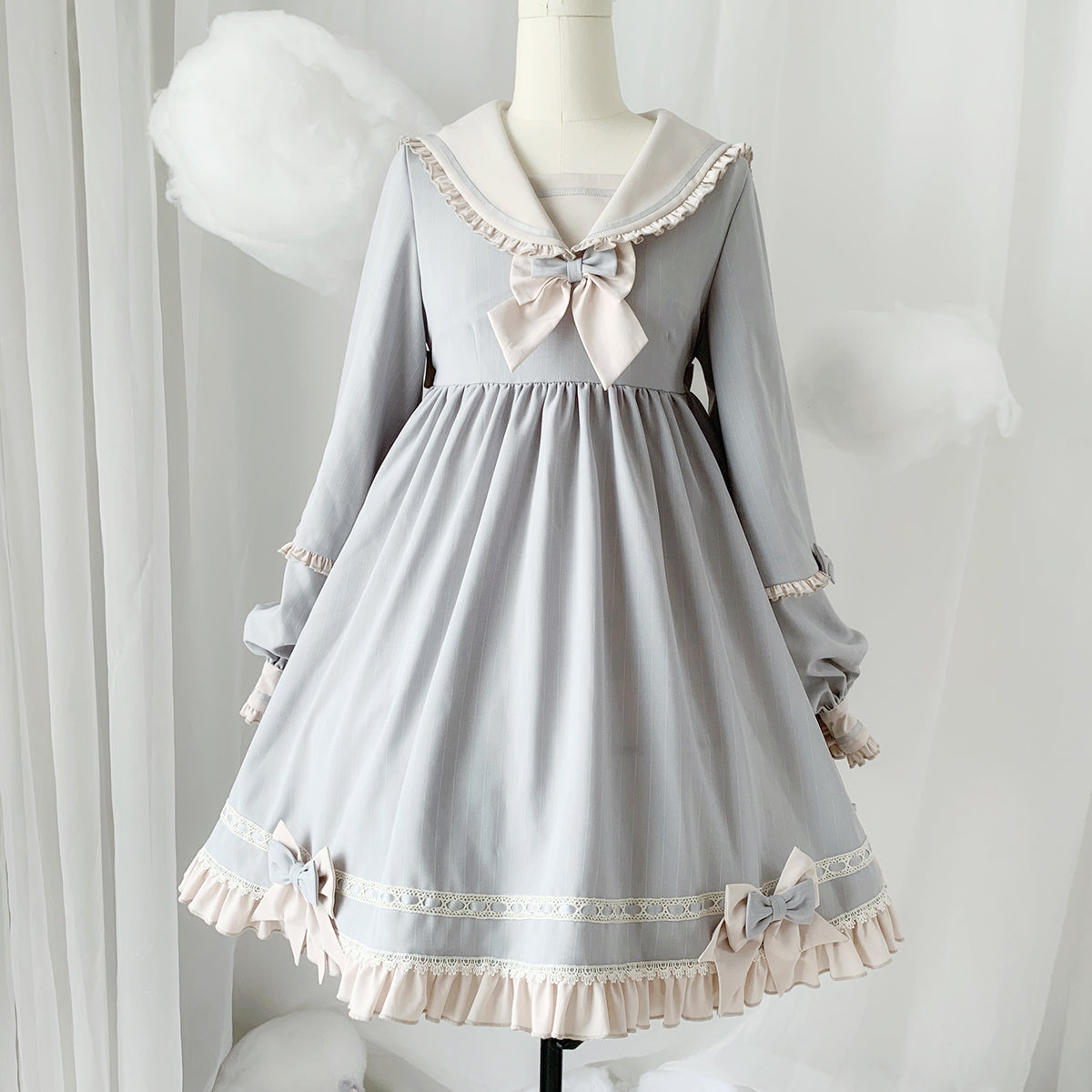 Lolita Sailor Collar Navy Blue & Sky Blue Bow Long Sleeve Dress