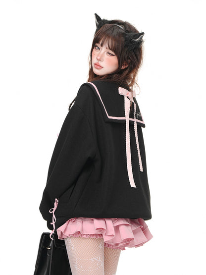 Young Eyes Heart Signal Sailor Collar Black Jacket Sweater