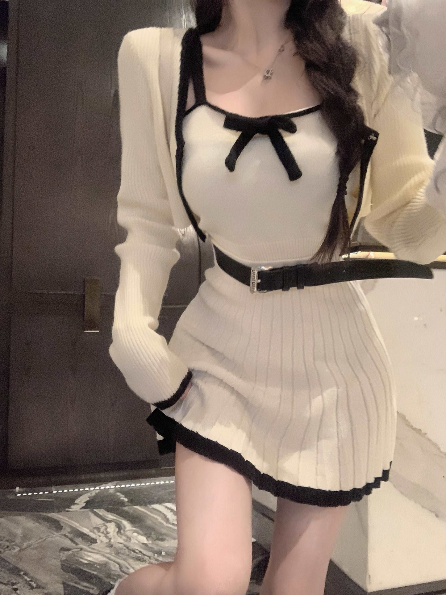 Chic White Black Trim Knit Camisole Cardigan Pleated Mini Skirt Three Piece Set