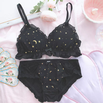 Rococo Star Moon Fairy Sweet Princess Girl Bra Set White Black Panties Underwear Lingerie