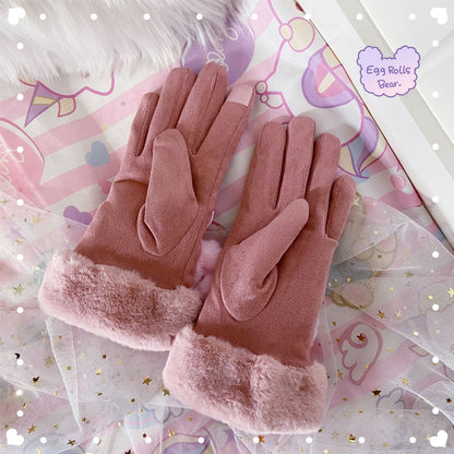 Handmade Purple Devil Melody Cinnamon Dog Pompom Winter Suede Gloves