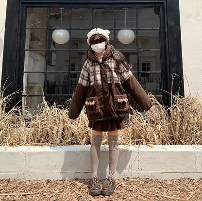 Plaid Retro Winter Plush Bear Ears Corduroy Coat