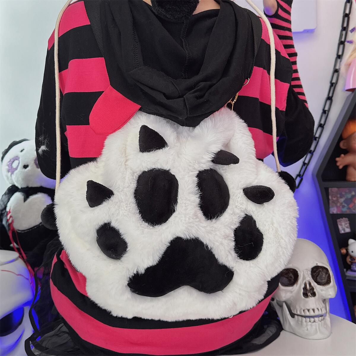 Furry Plush Fluff Cat Paw Doll Shoulder Bag Backpack